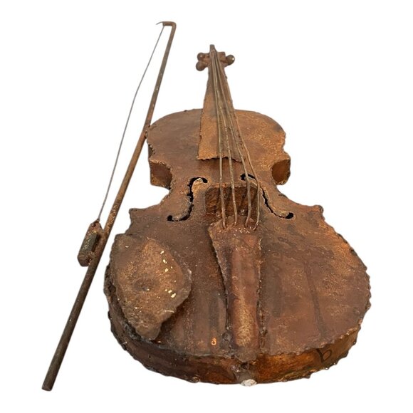Rustic Vtg Violin Wall Art 21.5" Tall Bow Distressed Metal Design Musical Studio - Picture 3 of 9